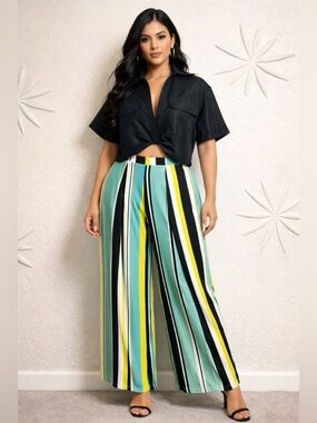 BarIII SZ XS black/white/blue/green/yellow pleated palazzo pants, waist 26”-34”